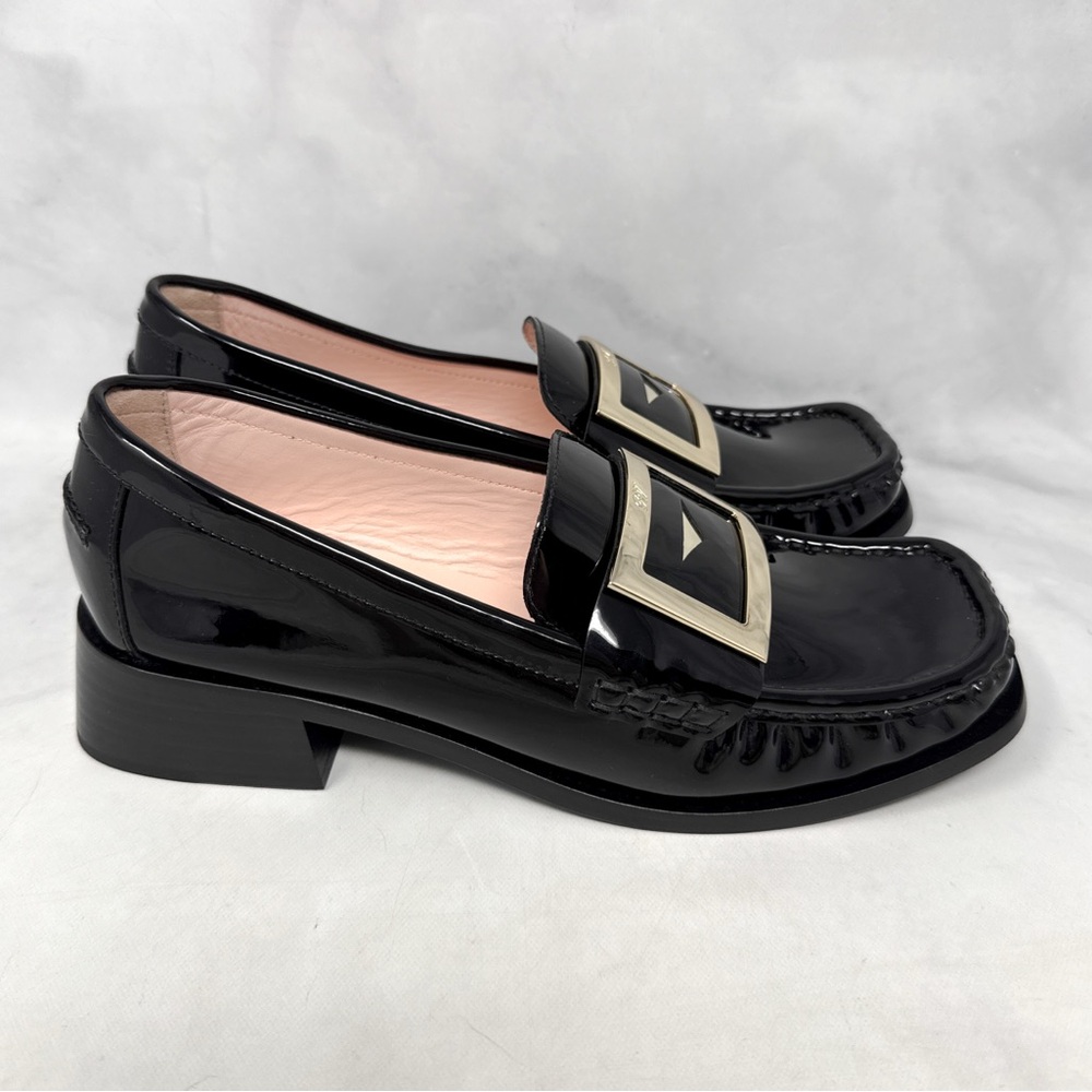 NEW Roger Vivier Viv Rangers Patent Leather Chunky Block Heel Flat Loafer Shoes